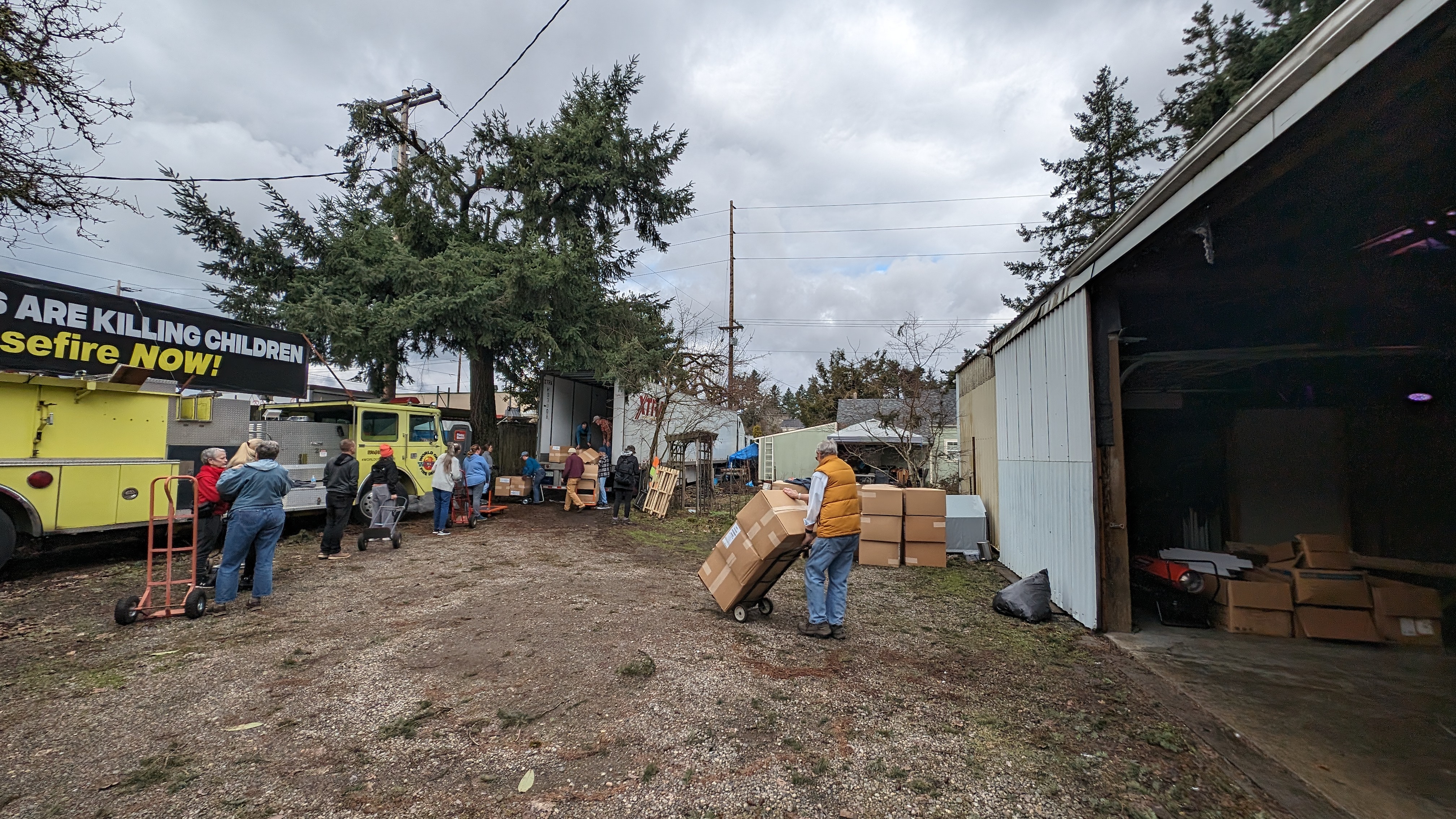 Unloading the blankets from the truck